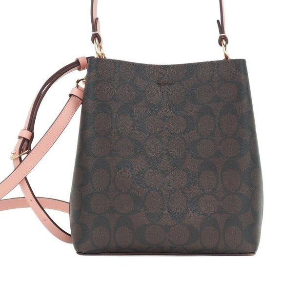 NWT Coach Small Brown Signature Canvas Shell Pink Town Bucket Crossbody Bag NEW - Picture 5 of 9
